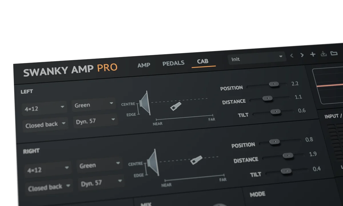 Swanky Amp Pro cabinet placement: the speaker cone, the dashed placement axis and the microphone at its position, with the position, distance and tilt controls sharp
