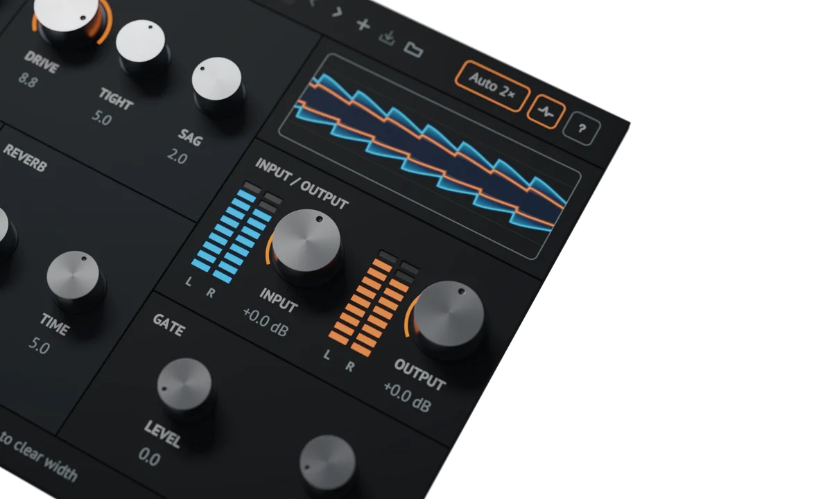 Swanky Amp Pro gain staging in one frame: the blue input ladder, the orange output ladder, the combined waveform, and the input and output knobs with their decibel readouts