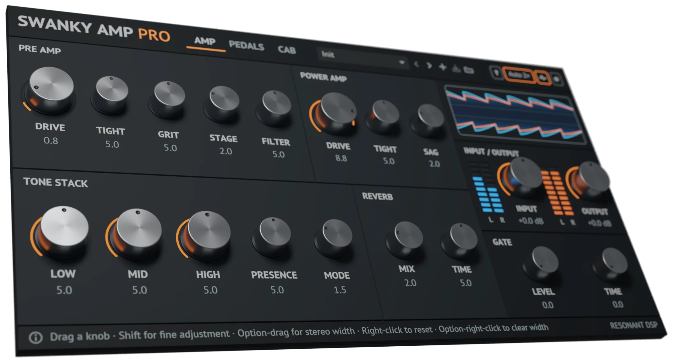 The Swanky Amp Pro interface viewed at an angle, showing the amplifier controls, input and output meters, gate and waveform on the AMP tab