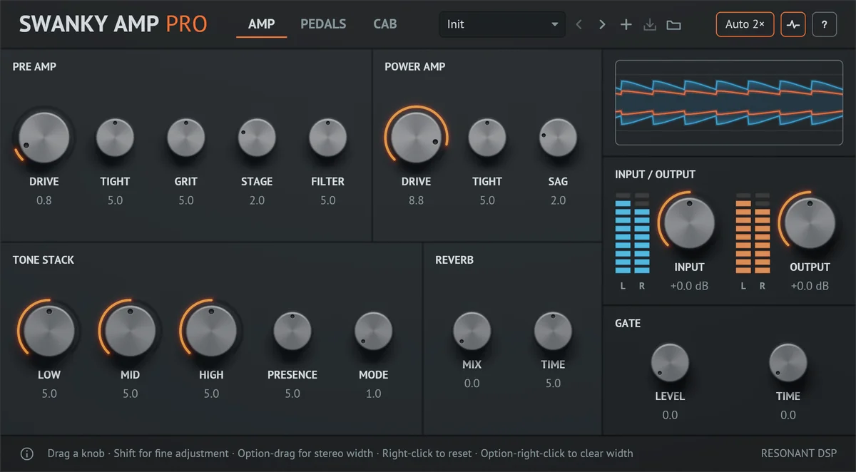 The Swanky Amp Pro interface head-on, on its amp tab: pre amp, power amp, tone stack and reverb knobs, a scope drawing the input waveform in blue with the output traced in orange, lit blue and orange level meters beside the input and output knobs, and the gate controls
