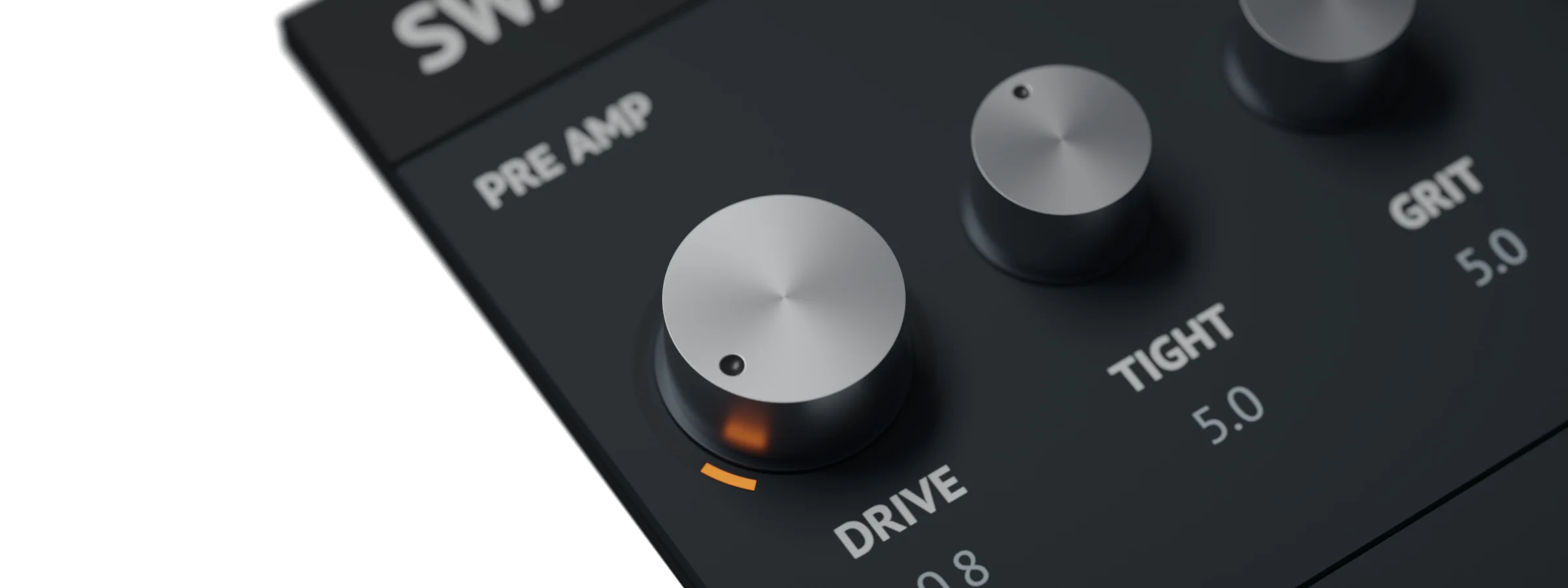 A wide band across the Swanky Amp Pro Drive knob: brushed aluminium, the glossy black divot, the lit orange ring and its reflection in the skirt, with the surrounding panel falling out of focus