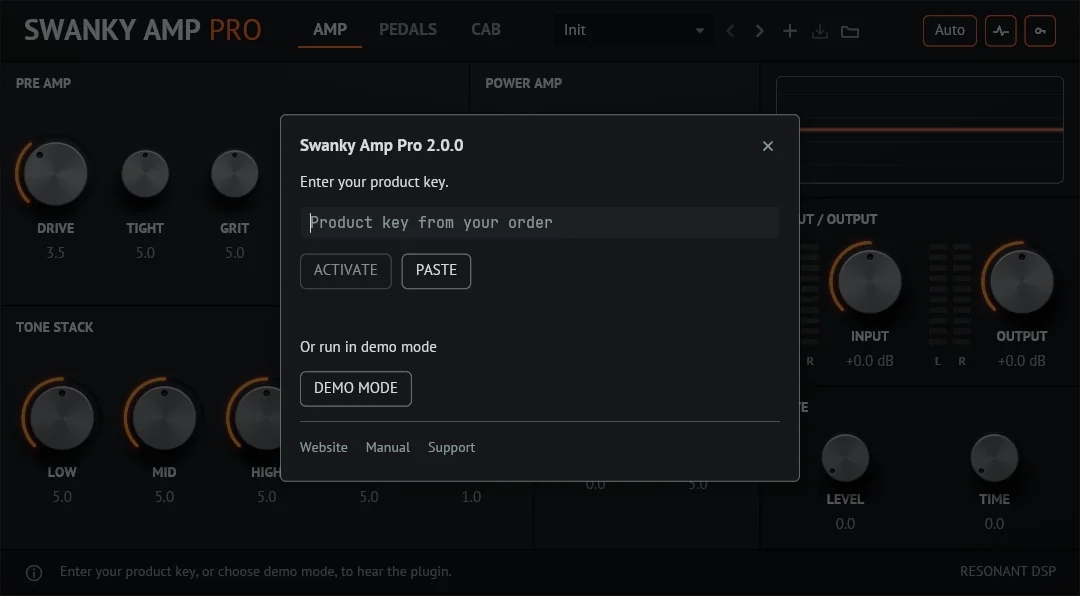The Swanky Amp Pro window dimmed behind a panel titled Swanky Amp Pro 2.0.0, with a product key field, ACTIVATE and PASTE buttons, a DEMO MODE button, and links to the website, the manual and support