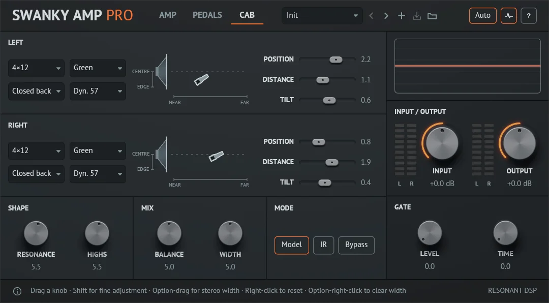 The CAB tab in Model mode: LEFT and RIGHT rows each with size, speaker, back and microphone menus, a side view of the speaker and microphone, and Position, Distance and Tilt sliders, above the Shape, Mix and Mode sections