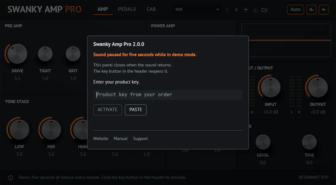 The activation panel during a demo silence, headed in orange: Sound paused for five seconds while in demo mode. It explains that the panel closes when the sound returns and that the key button in the header reopens it
