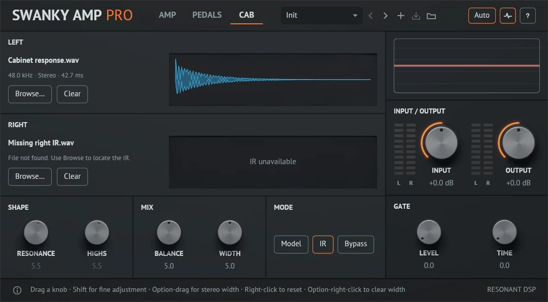 The CAB tab in IR mode: the LEFT row shows Cabinet response.wav, 48.0 kHz, stereo, 42.7 ms, with its waveform; the RIGHT row shows a missing file with the message File not found. Use Browse to locate the IR