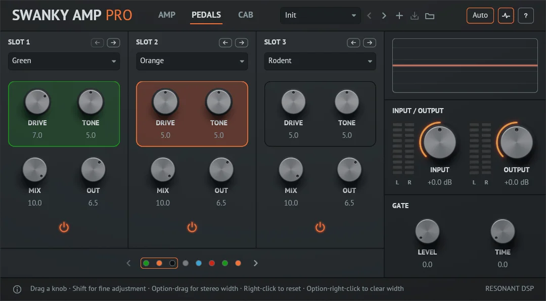 The PEDALS tab showing slots 1 to 3 with Green, Orange and Rodent pedals, each with its effect menu, two knobs in a tinted field, Mix and Out knobs and a power button, above a strip of eight coloured dots with an orange outline around the first three