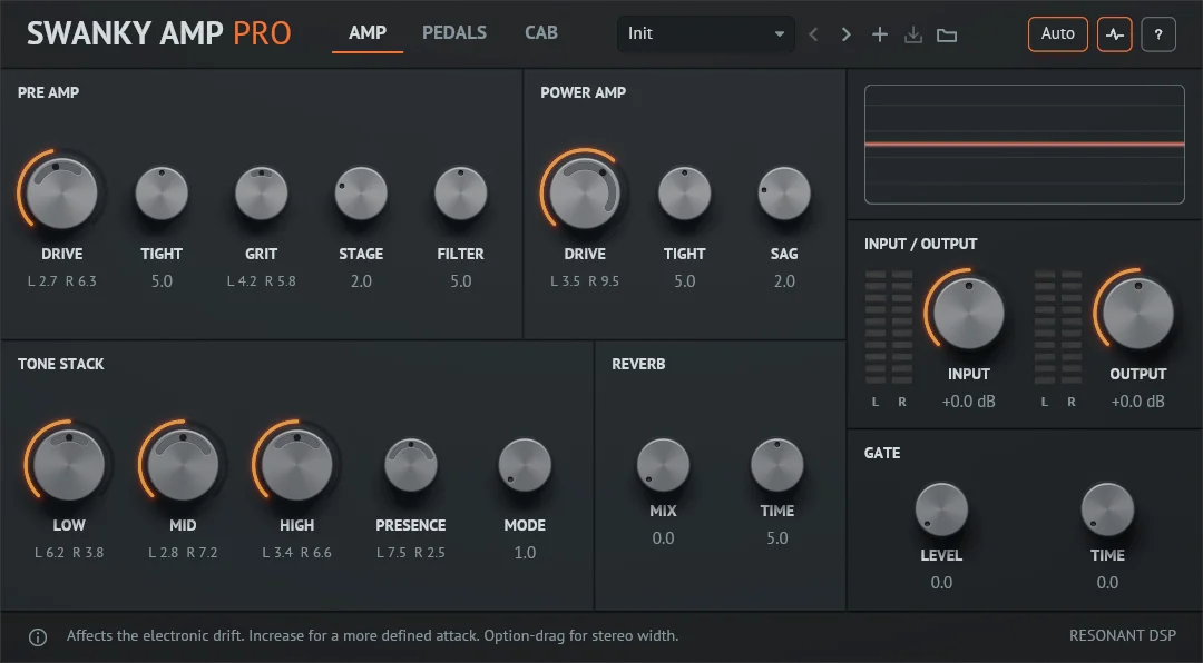 The AMP tab with stereo spreads on several knobs: each shows a grey recessed track between its left and right settings and a readout such as L 2.7 R 6.3, and the help line explains the Option-drag gesture
