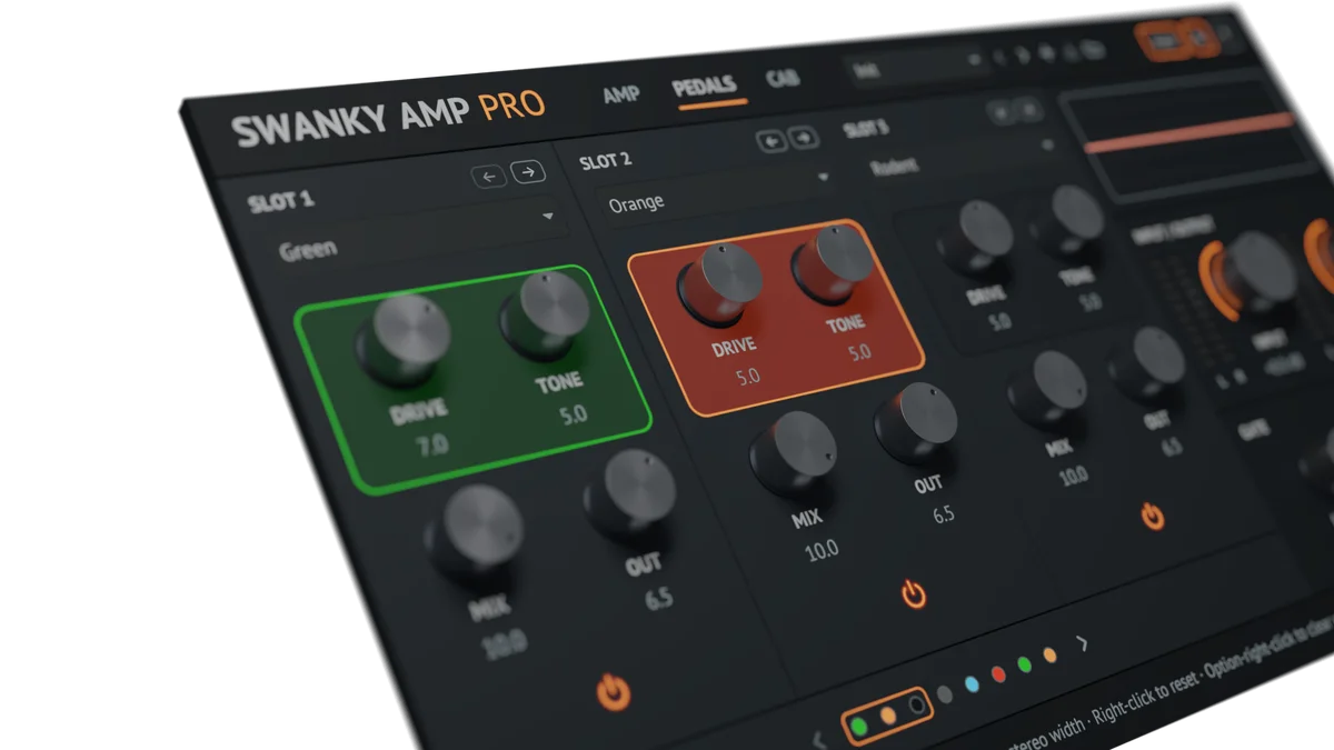 Swanky Amp Pro pedal slots seen obliquely, the green and orange shaping fields leading and the lit power icons repeating the accent