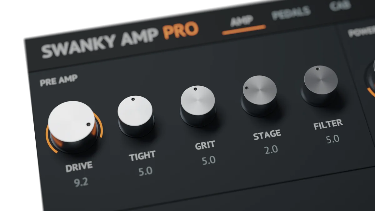 Swanky Amp Pro pre-amp controls up close: Drive, Tight, Grit, Stage and Filter with their values, Drive turned up to 9.2 and its orange ring lit, the header and power amp soft beyond