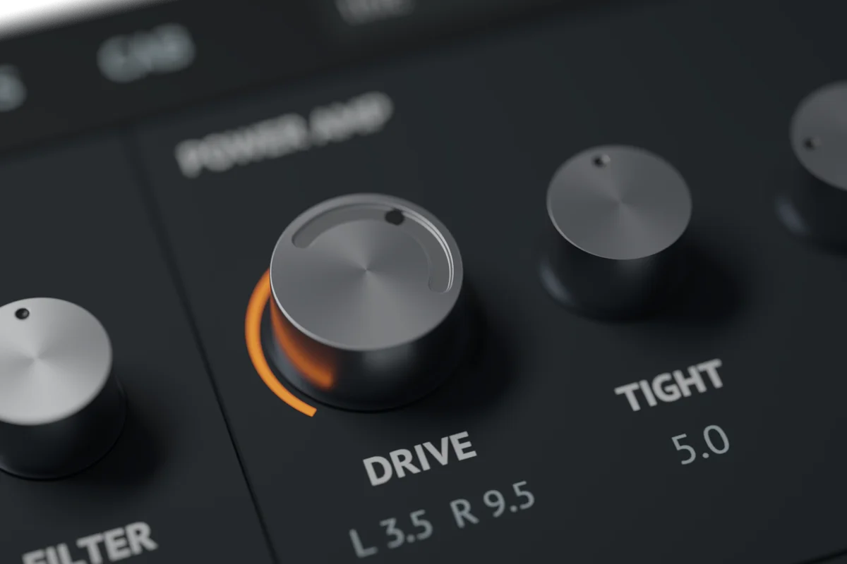 Swanky Amp Pro power amp Drive knob up close, its value split between the channels: a grey track recessed in the cap between the left and right settings, the orange ring lit, and the readout L 3.5 R 9.5 below