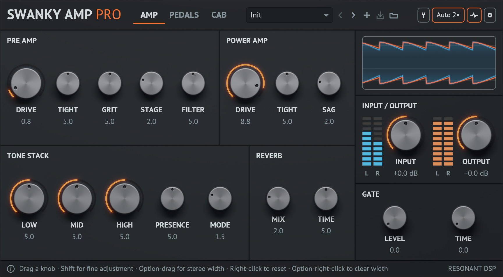 The Swanky Amp Pro interface head-on, showing the amplifier controls, tone stack, reverb, input and output meters, gate and waveform on the AMP tab
